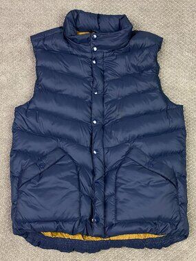 GAP Puffer Down Vest Men's XL Blue Stowaway Hood Hiking Outdoor